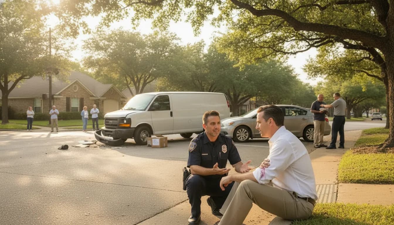 Austin delivery vehicle crash scene with an injured driver speaking to a first responder
