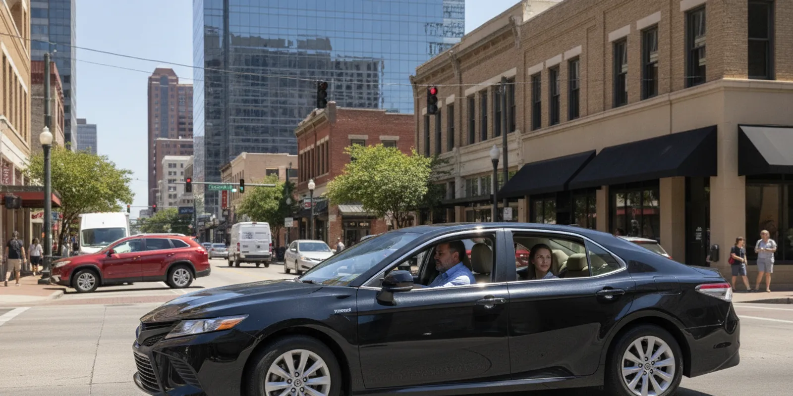 A Lyft rideshare vehicle traveling on an Austin street as another car approaches an intersection