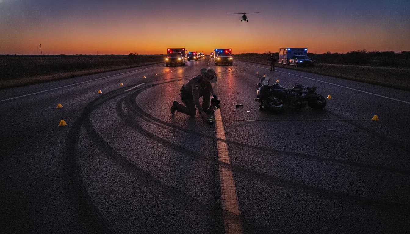 Police officer documenting a motorcycle accident scene on a Texas highway with evidence markers and emergency vehicles