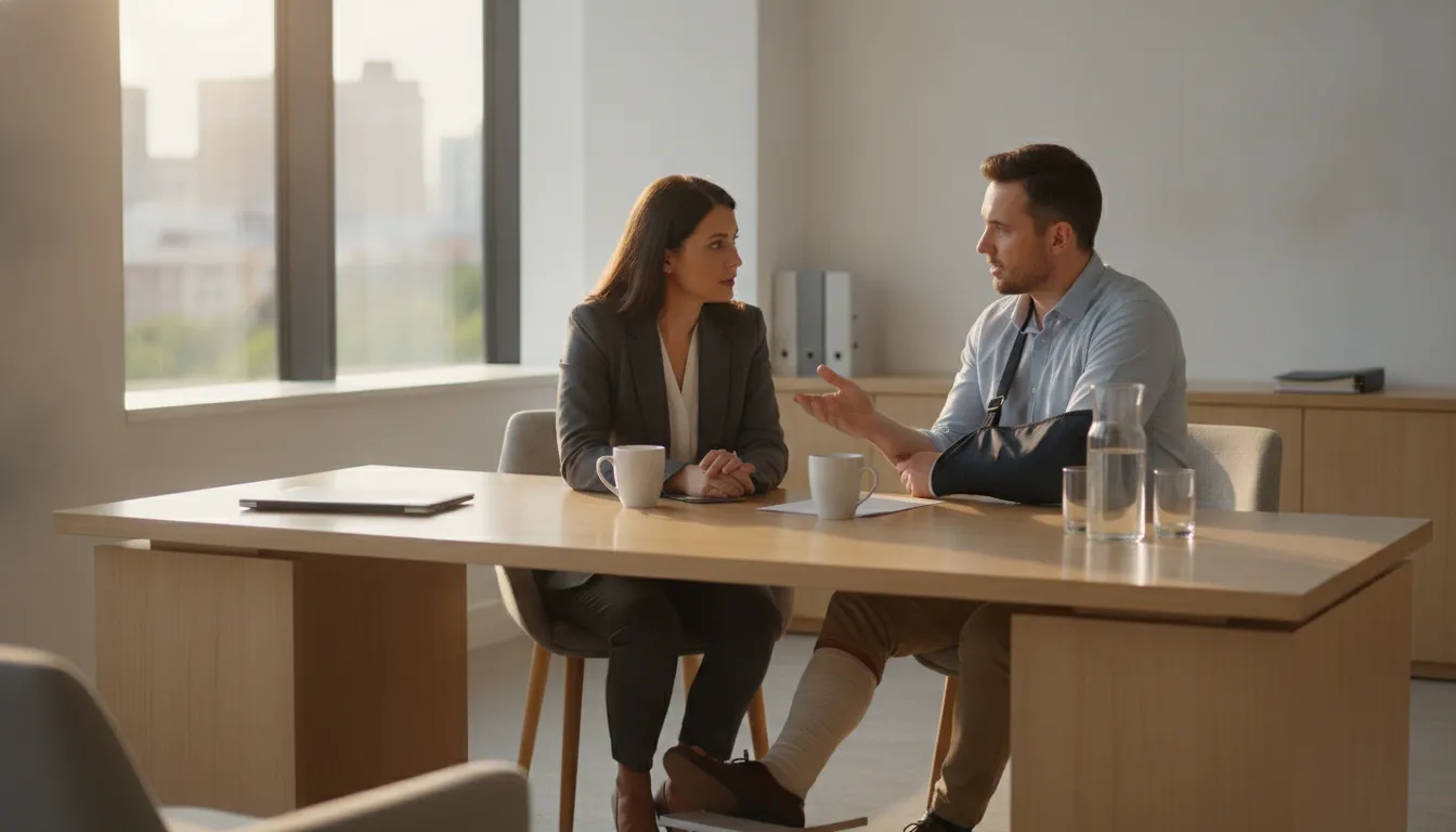 Attorney speaking with a client in a bright law office about a property injury claim
