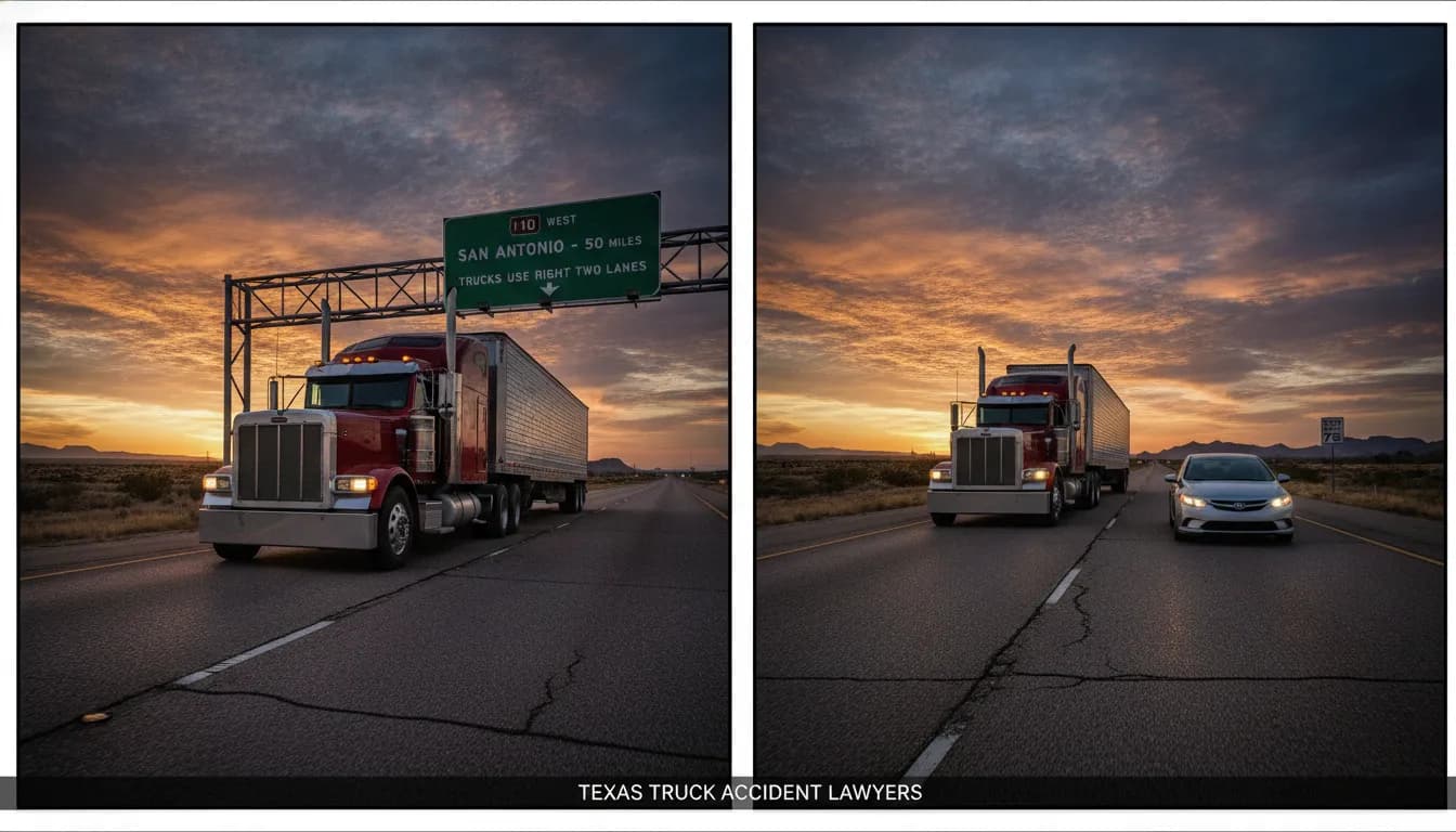 Semi-truck and passenger car on a Texas highway illustrating the difference between truck and car accident claims