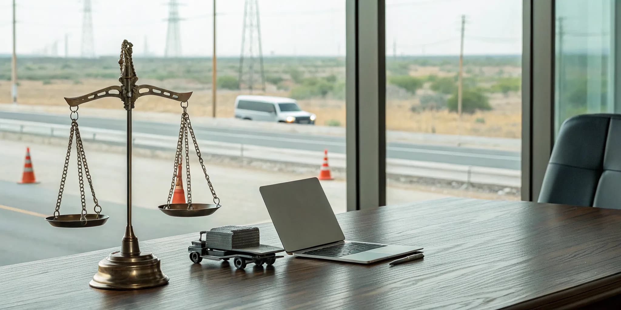 An Odessa commercial truck accident lawyer's desk with a toy truck and scales of justice.