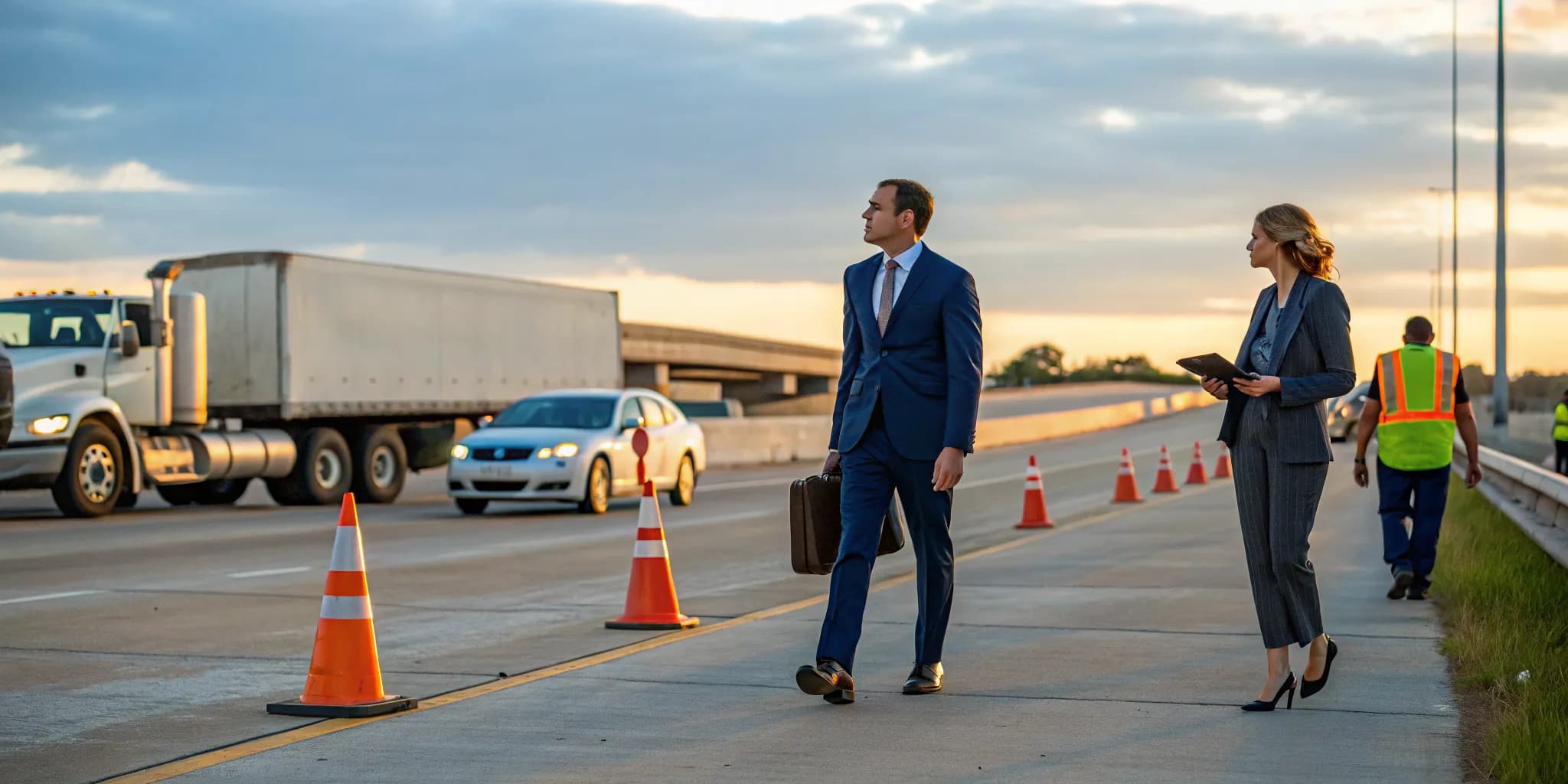 A Sugar Land 18-wheeler accident lawyer investigating a crash scene with a damaged truck and car.