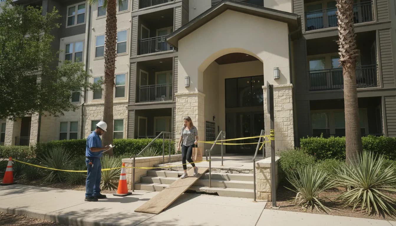 Tenant carefully walking near broken apartment stairwell with safety awareness